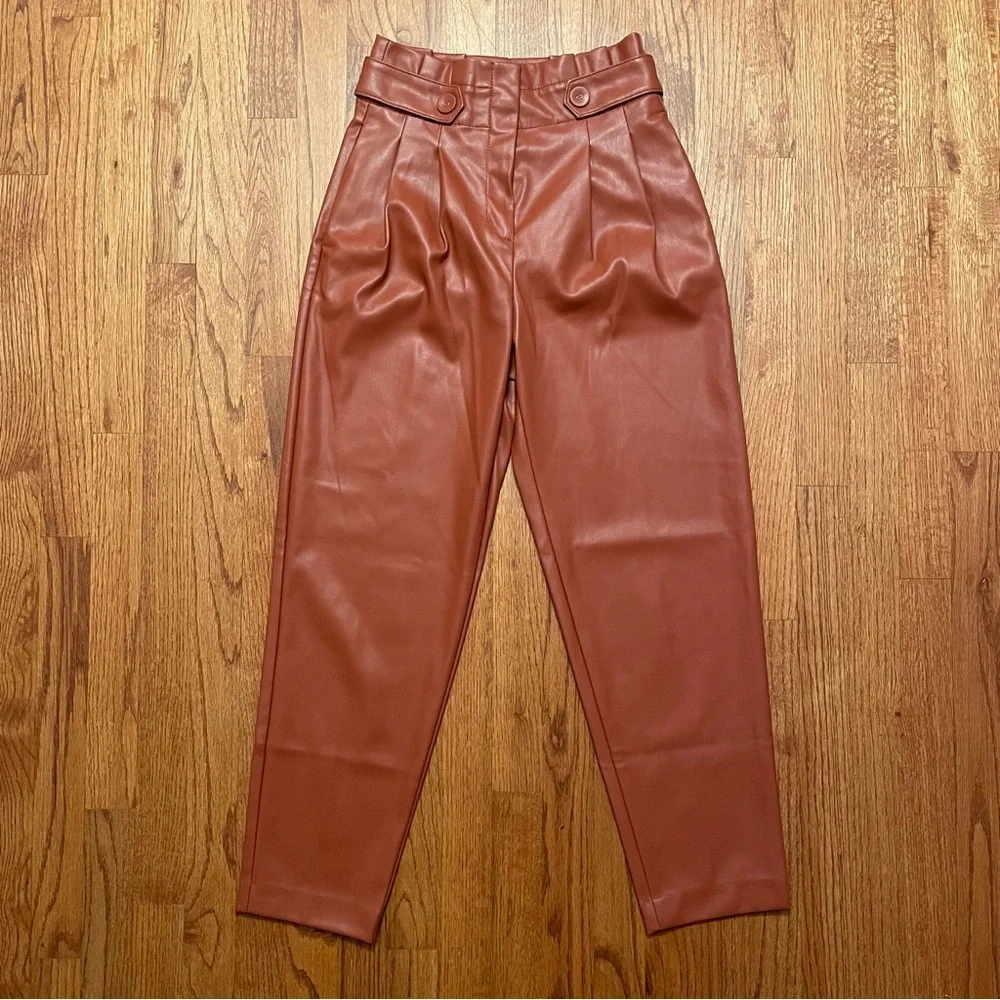 NWOT Ann Taylor The Faux Leather Paperbag Ankle Pants in Morrocan Spice Size 00 - Picture 3 of 15